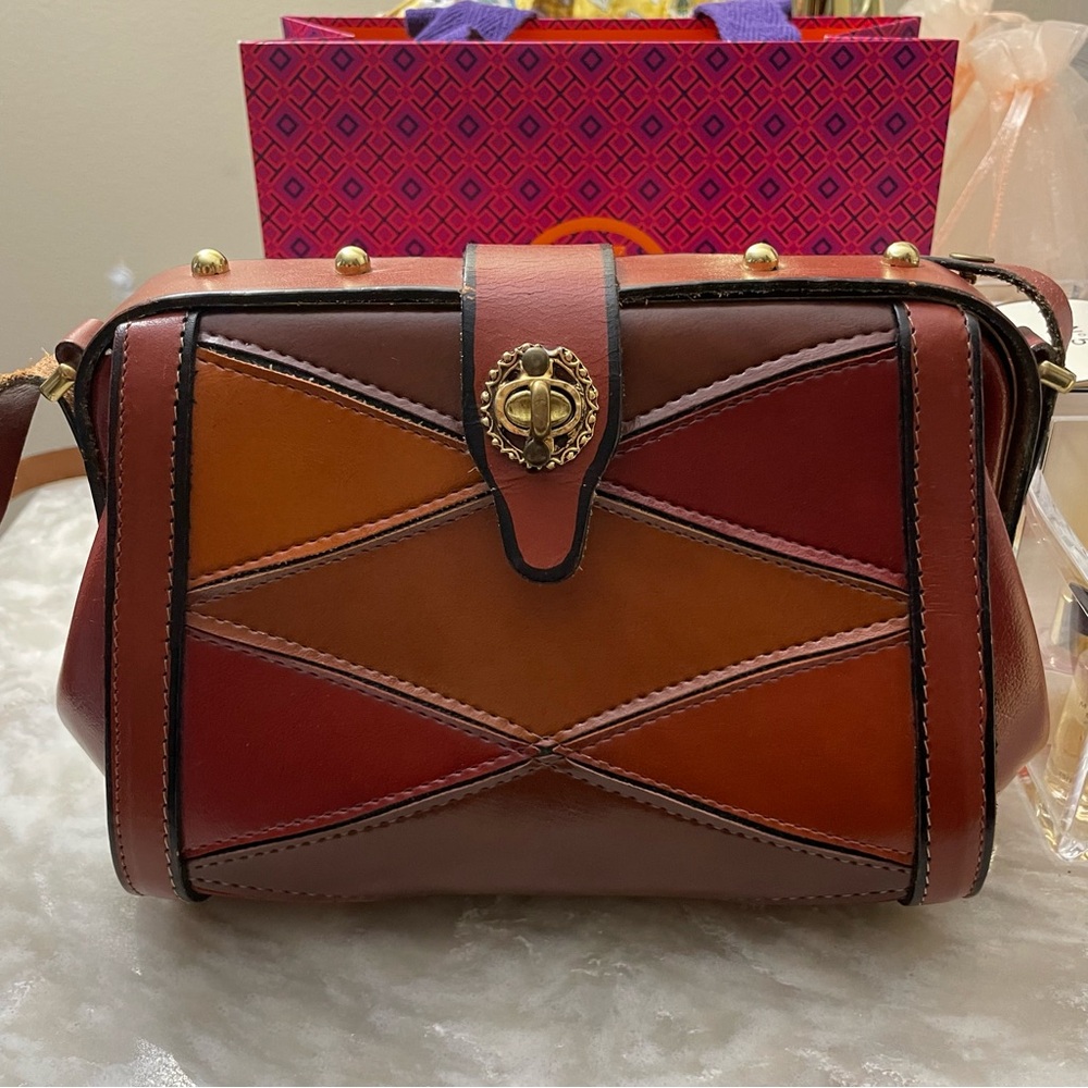 Vintage Patchwork Leather Handbag | Artisan Boho Structured Crossbody Brown Tan